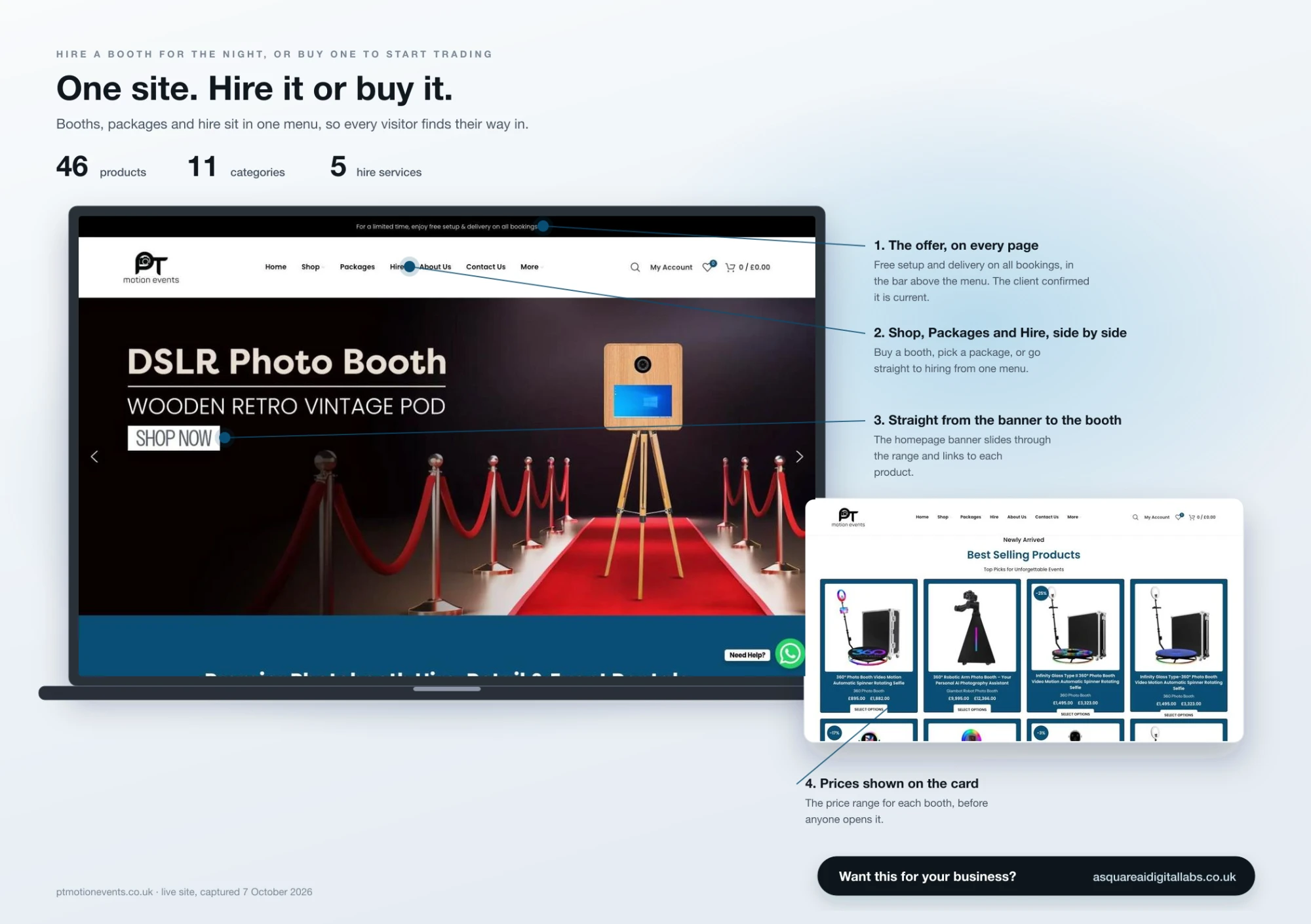 One events site carrying both a hire journey and a full retail checkout