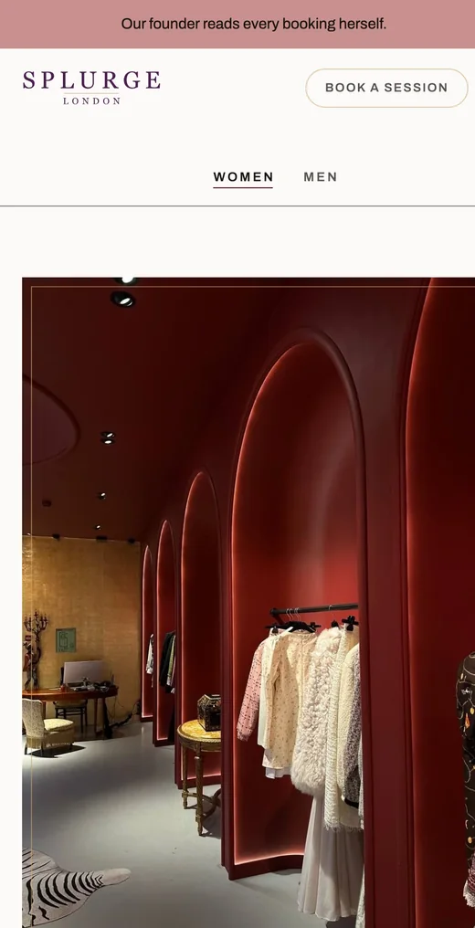 The homepage of a personal styling concierge, on a phone