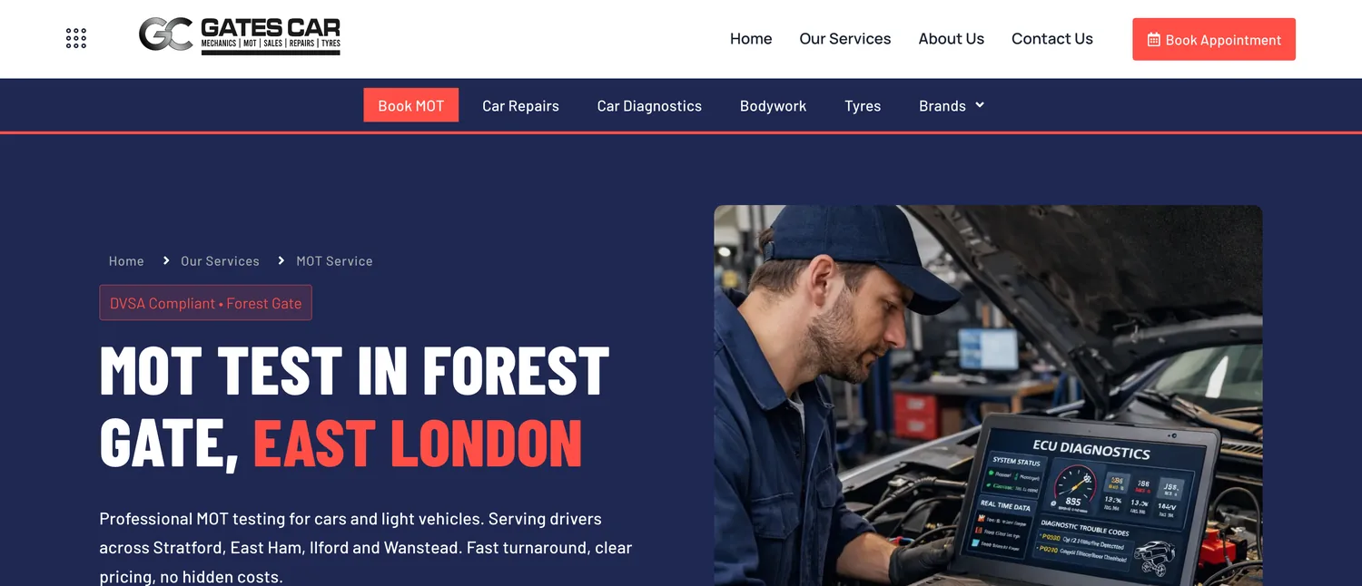 The MOT booking page built for a DVSA-registered garage in Forest Gate