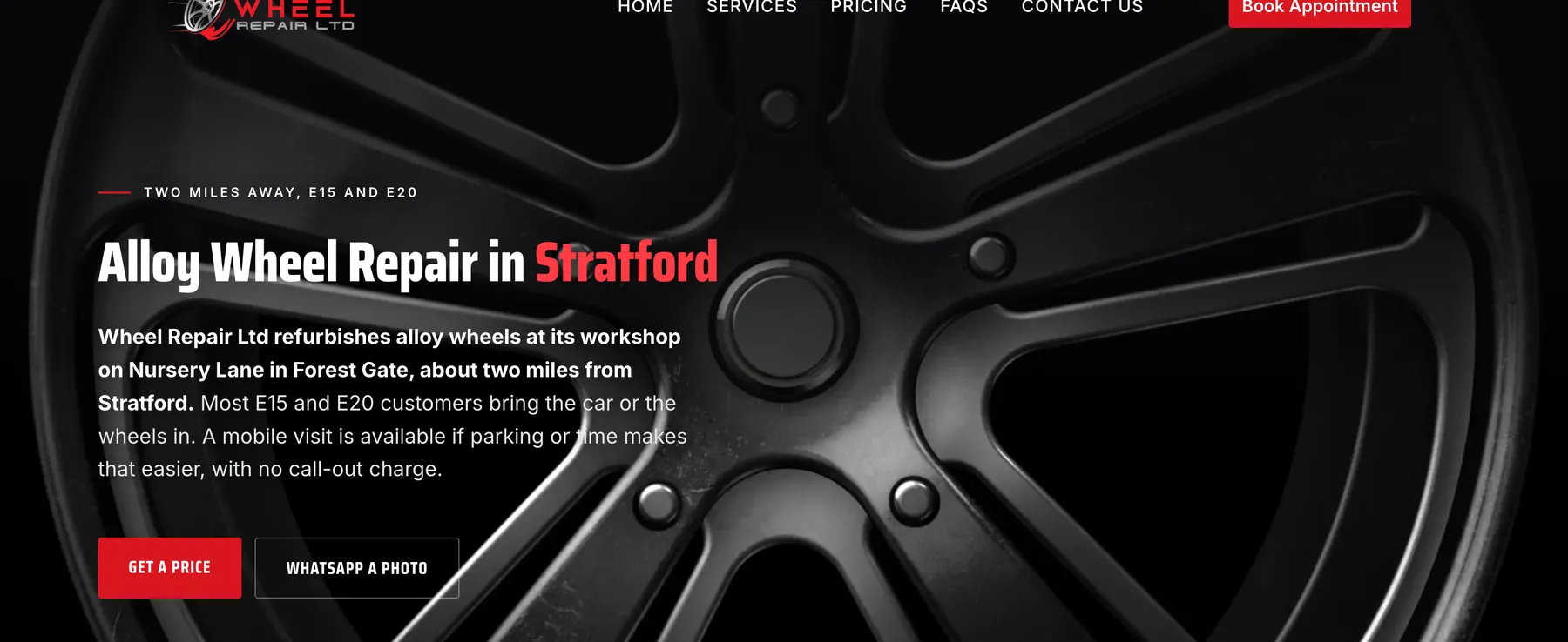 An alloy wheel on the local service page of a workshop we built for in East London