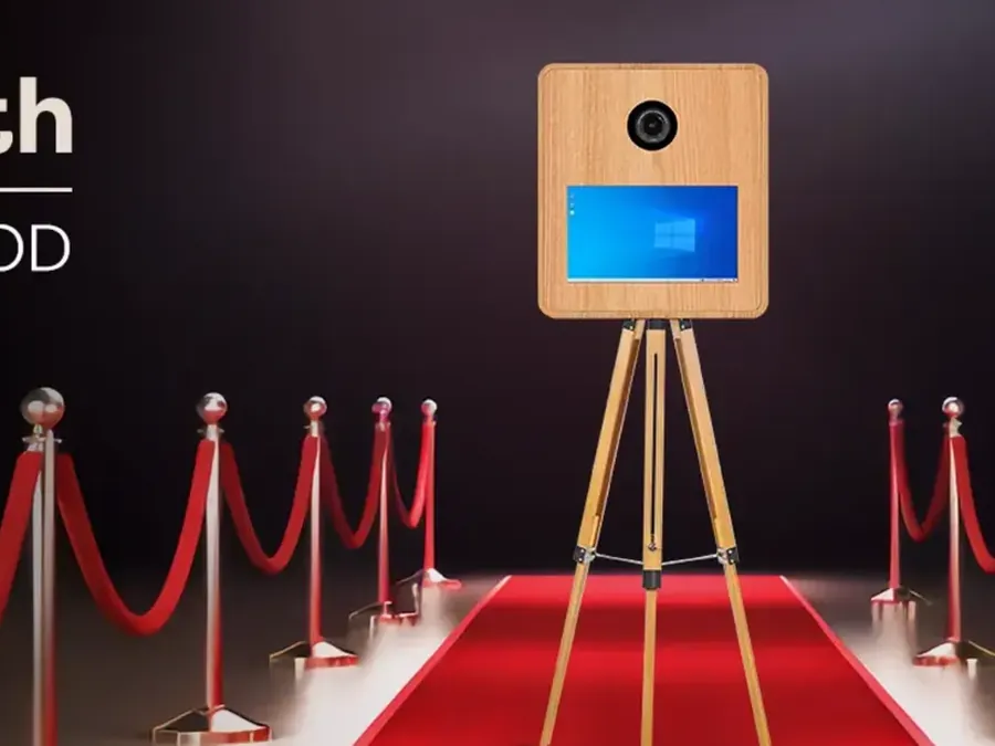 A photo booth on a red carpet, from an events store we built