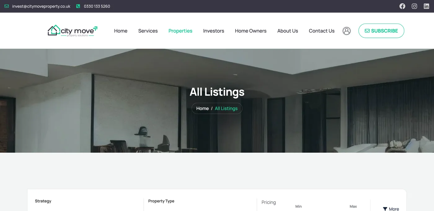 Filtered property search by strategy, property type and price band