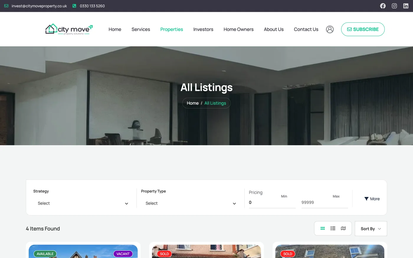 A property investment marketplace with filtered search and two audience routes